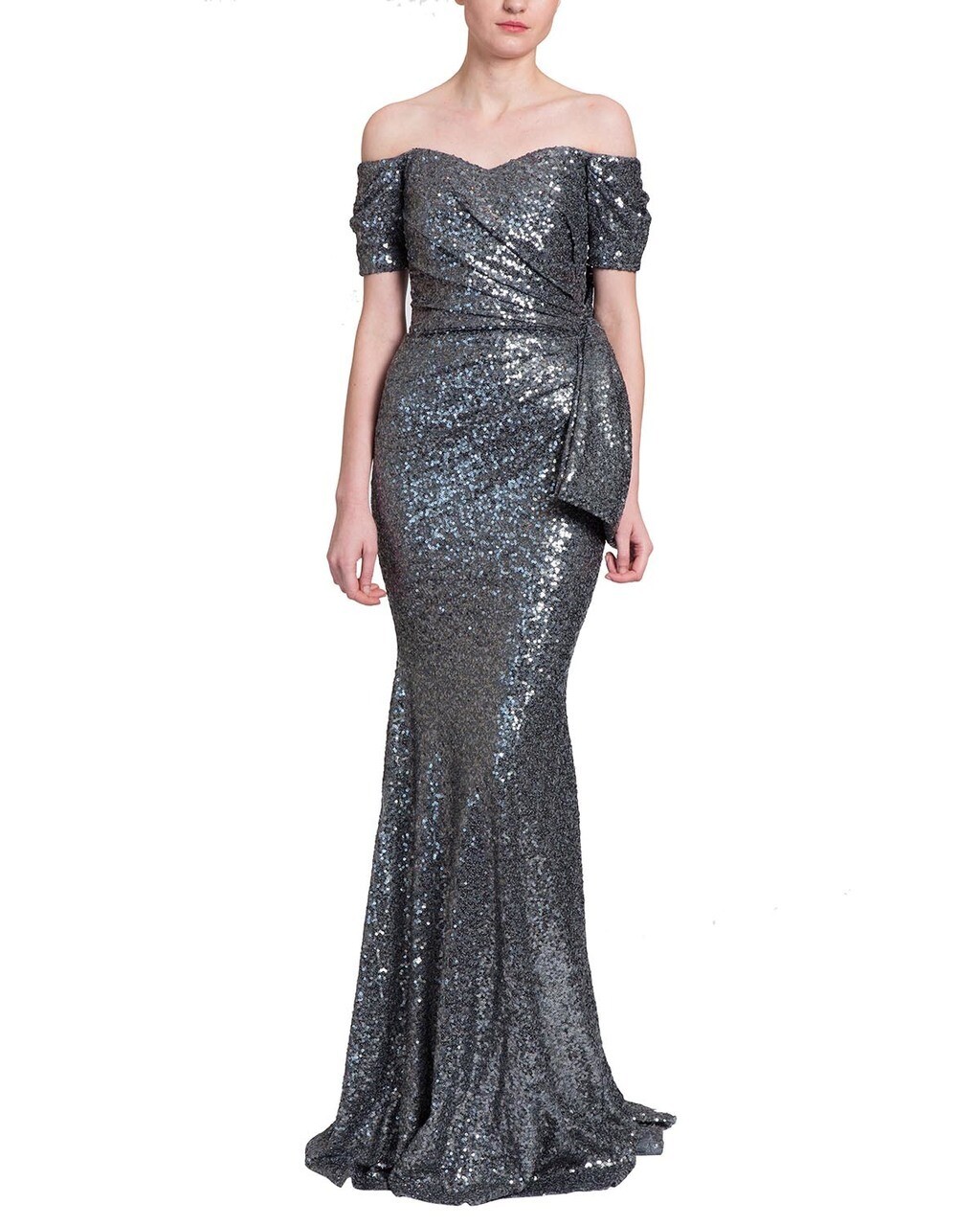 

НОВАЯ коллекция BADGLEY MISCHKA, серебристо-серое платье с открытыми плечами и бантом с пайетками  ~ XS, Серебряный