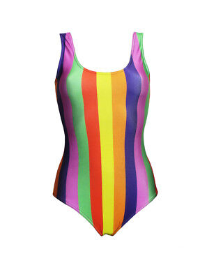 Funky Rainbow Bright Vertical Stripes Printed Swimsuit Costume Bodysuit Leotard