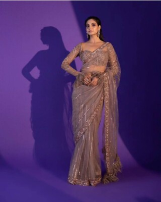 New Indian Women Designer Ethnic Wedding Beige Sequins Saree Party Wear Sari