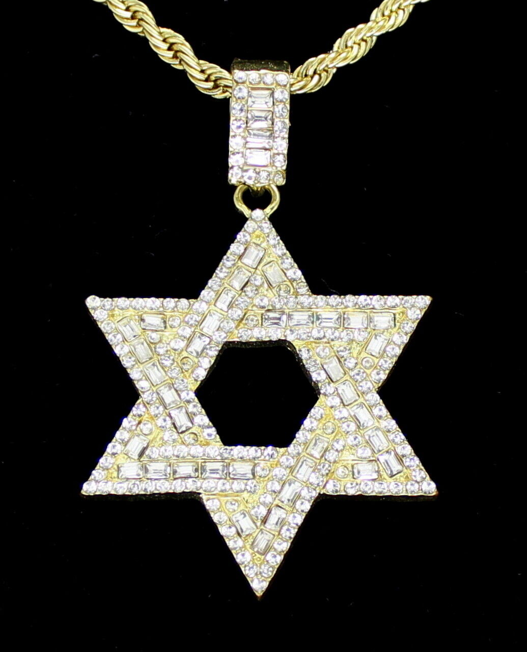 Mens Cz 6 Point Star of David Pendant 14k Gold Plated Rope Mens Cz 6 Point Star of David Pendant 14k Gold Plated Rope