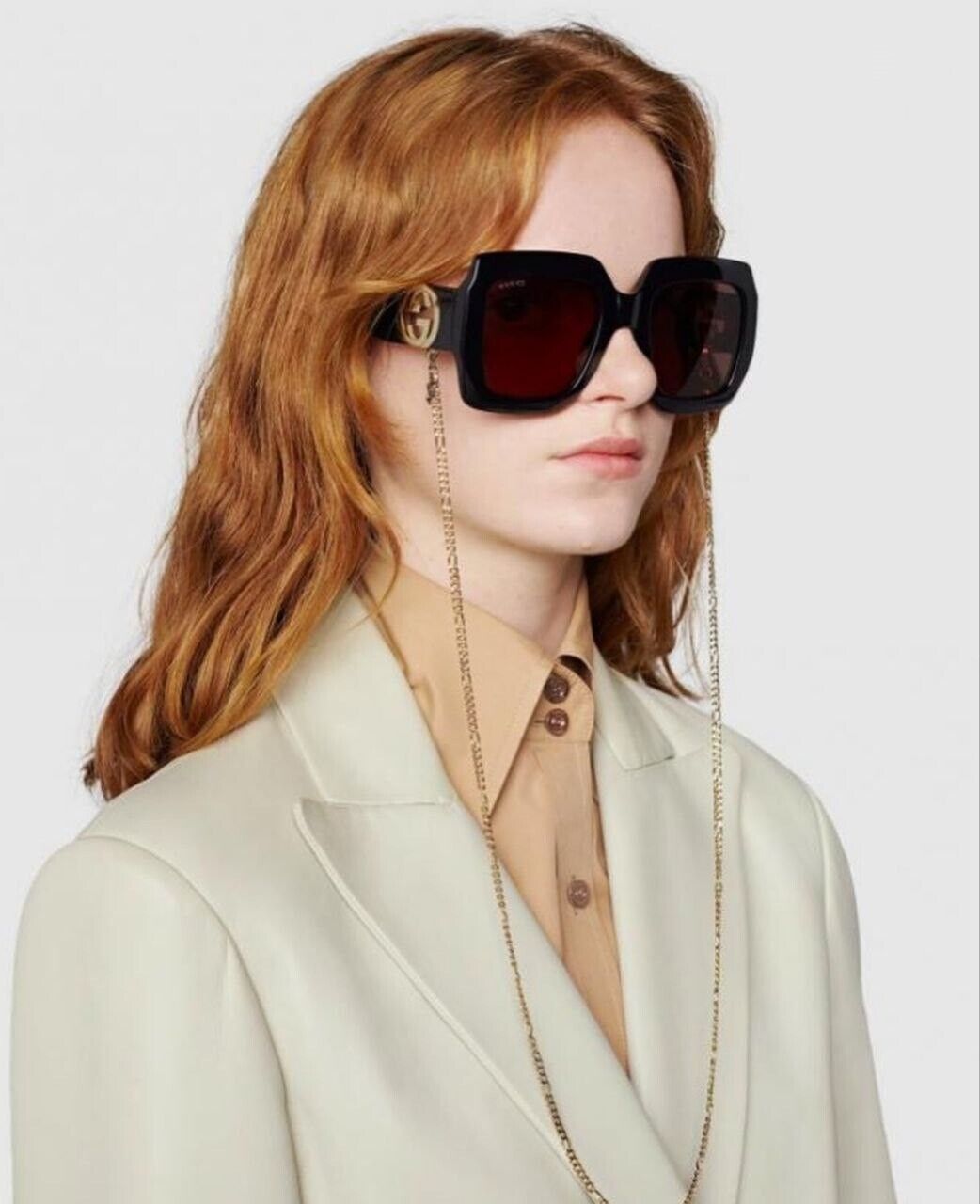 Pre-owned Gucci Gg1022s 005 Black Brown Square Chain Women Sunglasses