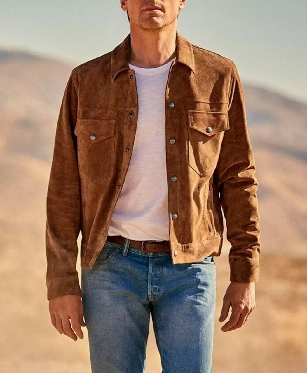 Men Brown Suede Leather Trucker Jacket Pure Lambskin Custom