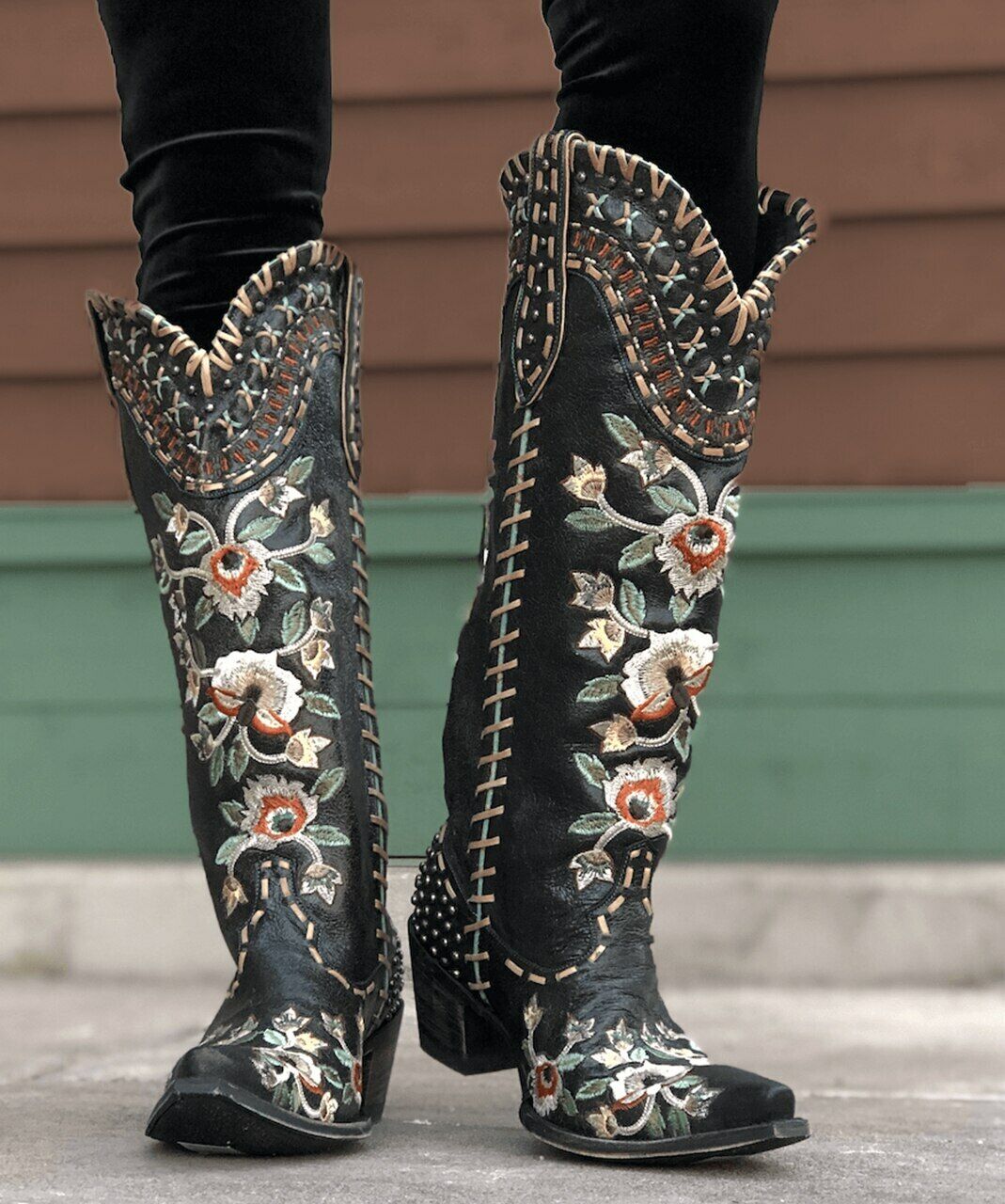 Pre-owned Double D Ranch Ddl026-2  Almost Famous Black Embroidered Floral Tall Boots