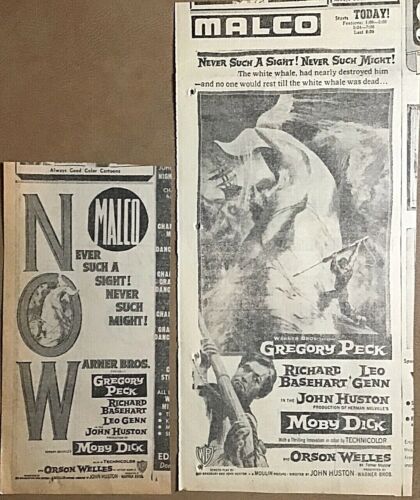 2 1956 newspaper ads for movie Moby Dick - G.Peck, R.Basehart, O.Welles, L.Genn