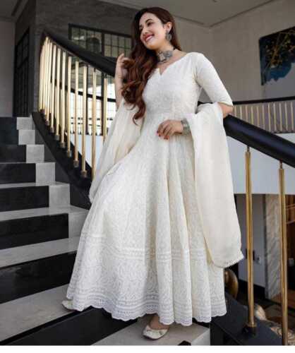 Indian women partywear chikankari white color anarkali kurti with dupatta dress