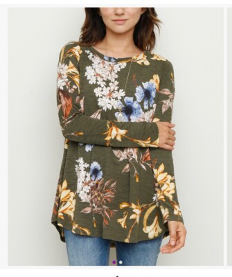egs by eloges Olive & Yellow Floral BEAUTIFUL Raglan Tunic Long Sleeves M-L NWOT