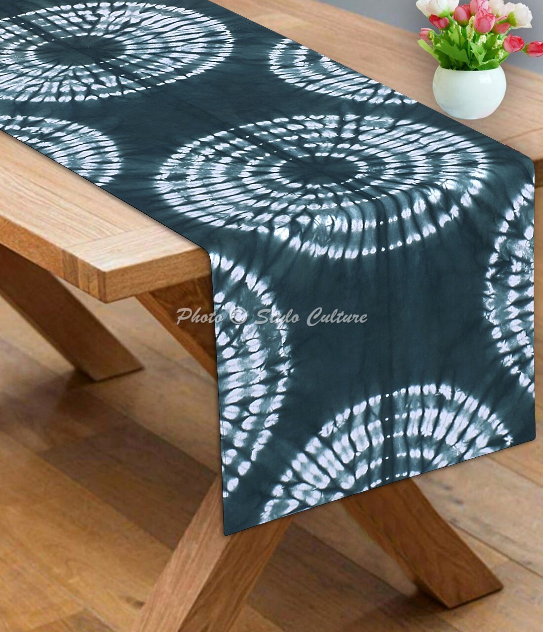 Decorative Cotton Table Runner Shibori Green Circles Long