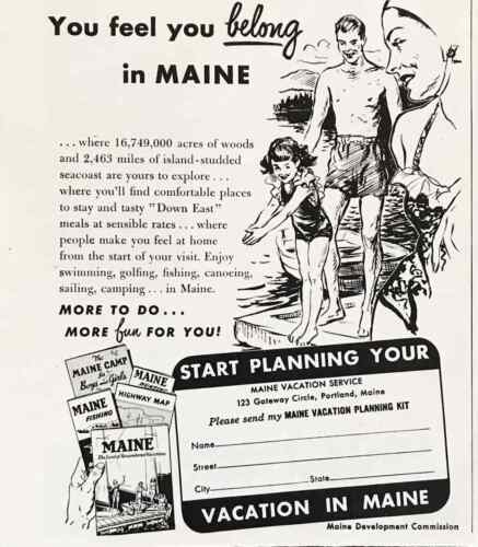 1951 Maine Vacation Service PRINT AD You Feel You Belong in Maine