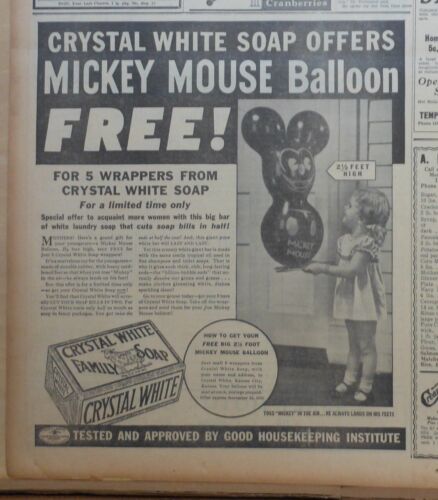 Large 1936 newspaper ad for Crystal White Soap - Mickey Mouse balloon offer