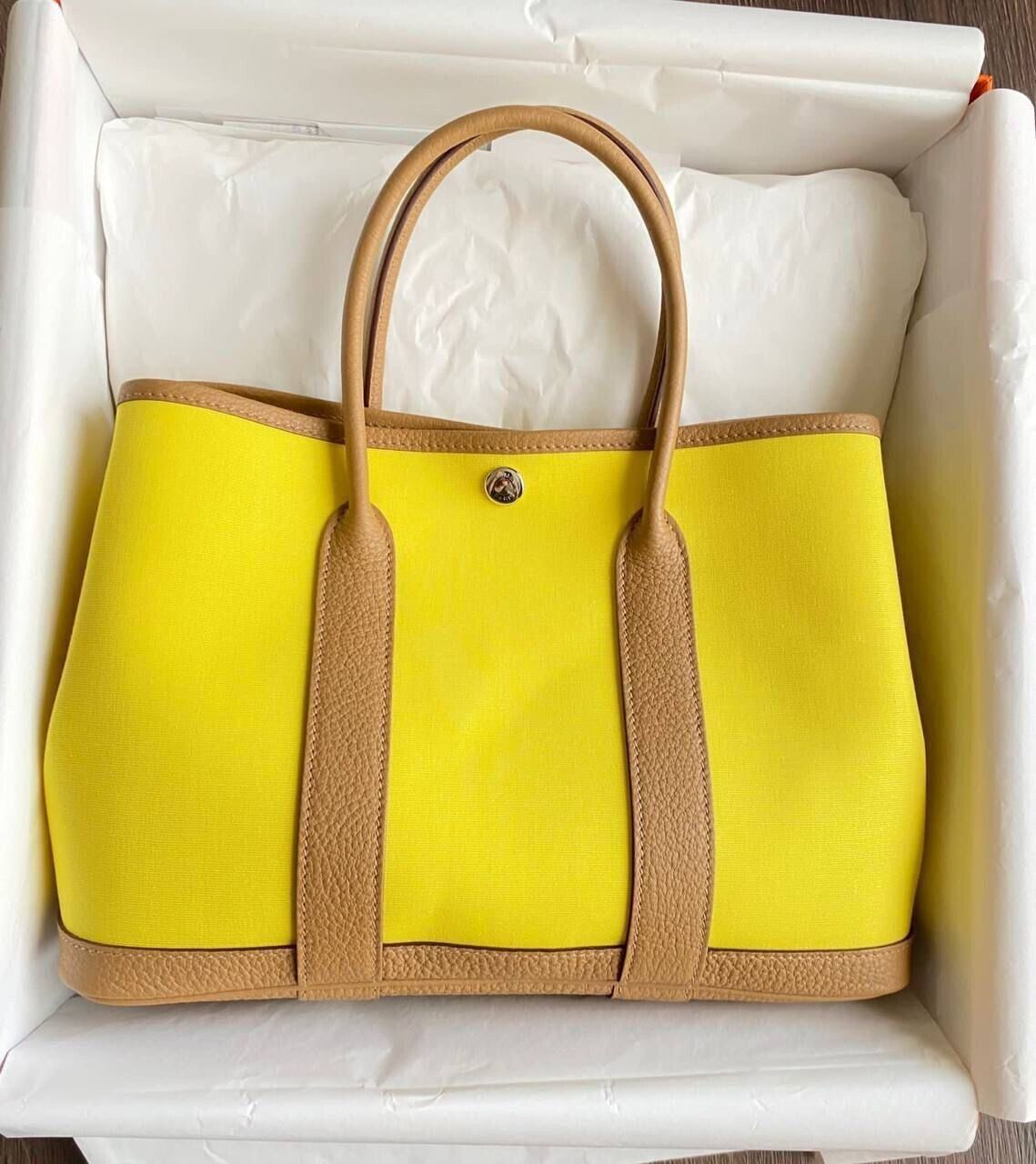 HERMES GARDEN PARTY 30 CANVAS BICOLOR JAUNE CITRON BISCUIT B HERMES GARDEN PARTY 30 CANVAS BICOLOR JAUNE CITRON BISCUIT B