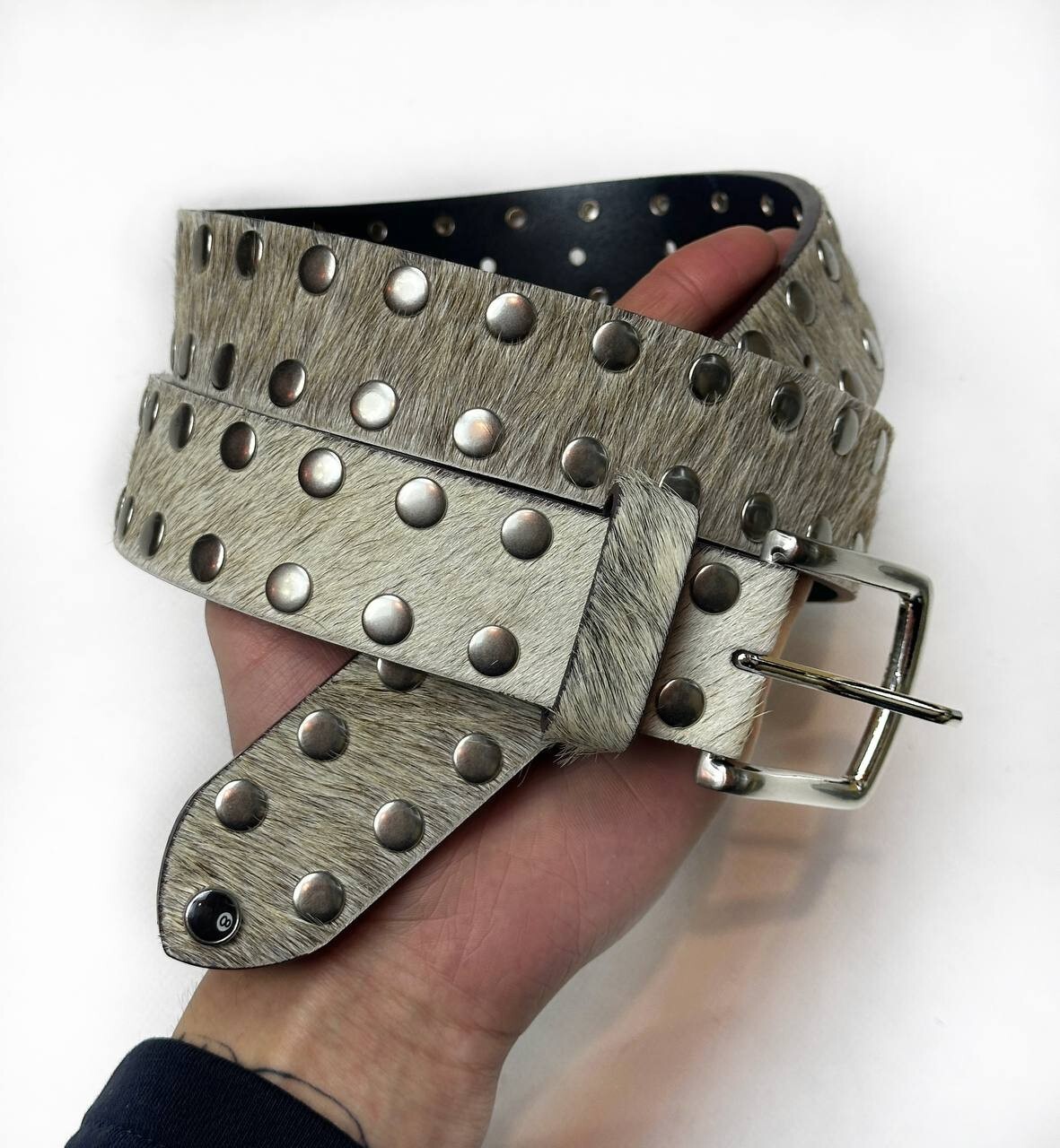 Vintage Stussy 8 Ball Studded Belt Raw Cowhide Hair Tan Vintage Stussy 8 Ball Studded Belt Raw Cowhide Hair Tan