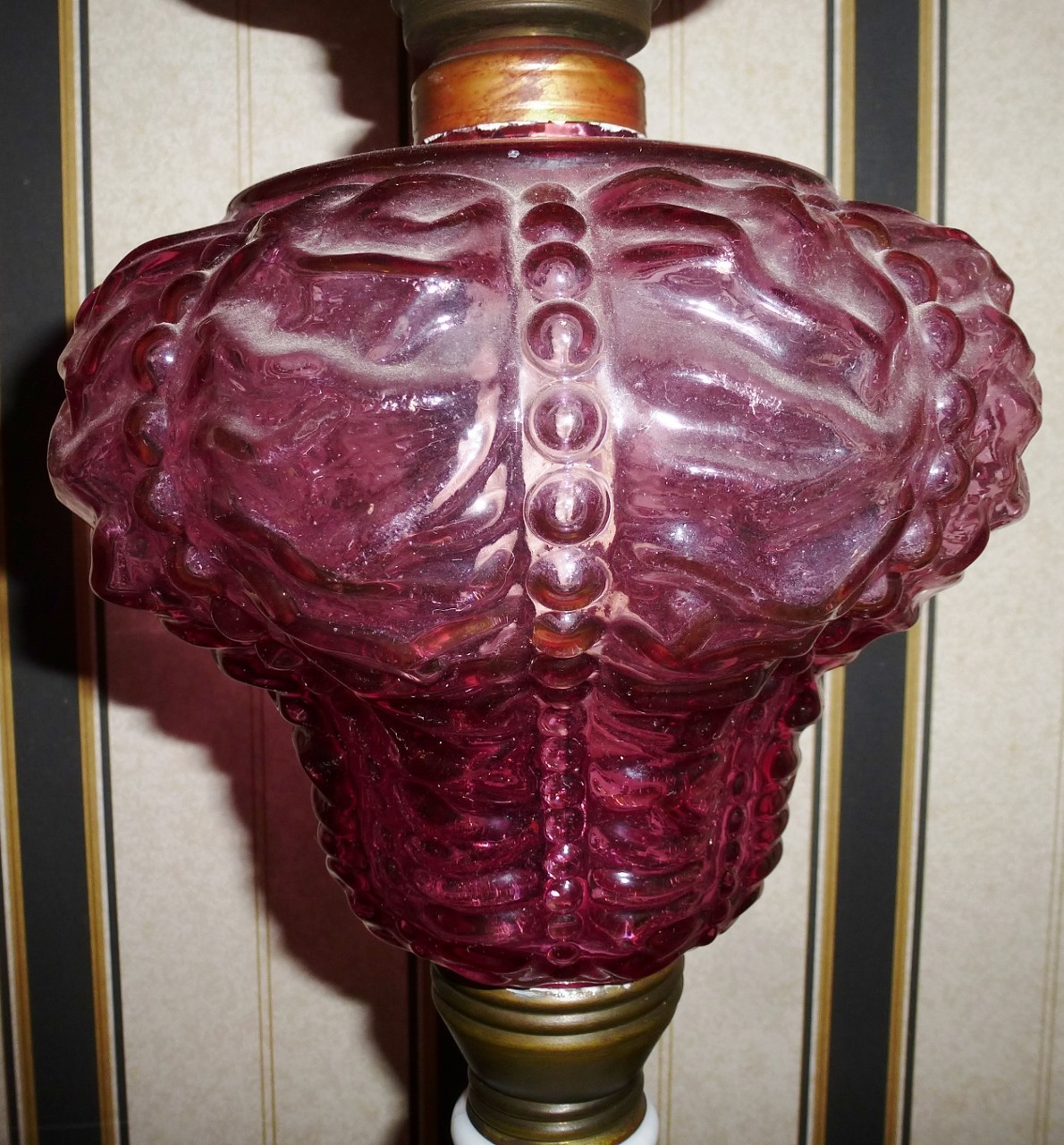 Antique Composite Cranberry & Milk Glass Banquet Oil Lamp