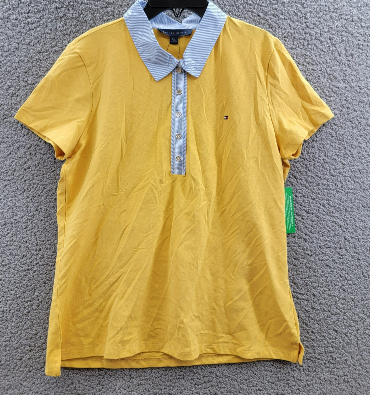 Tommy Hilfiger Striped-Collar Polo Shirt Women's L Deep Maize Short Sleeve - Picture 2 of 16