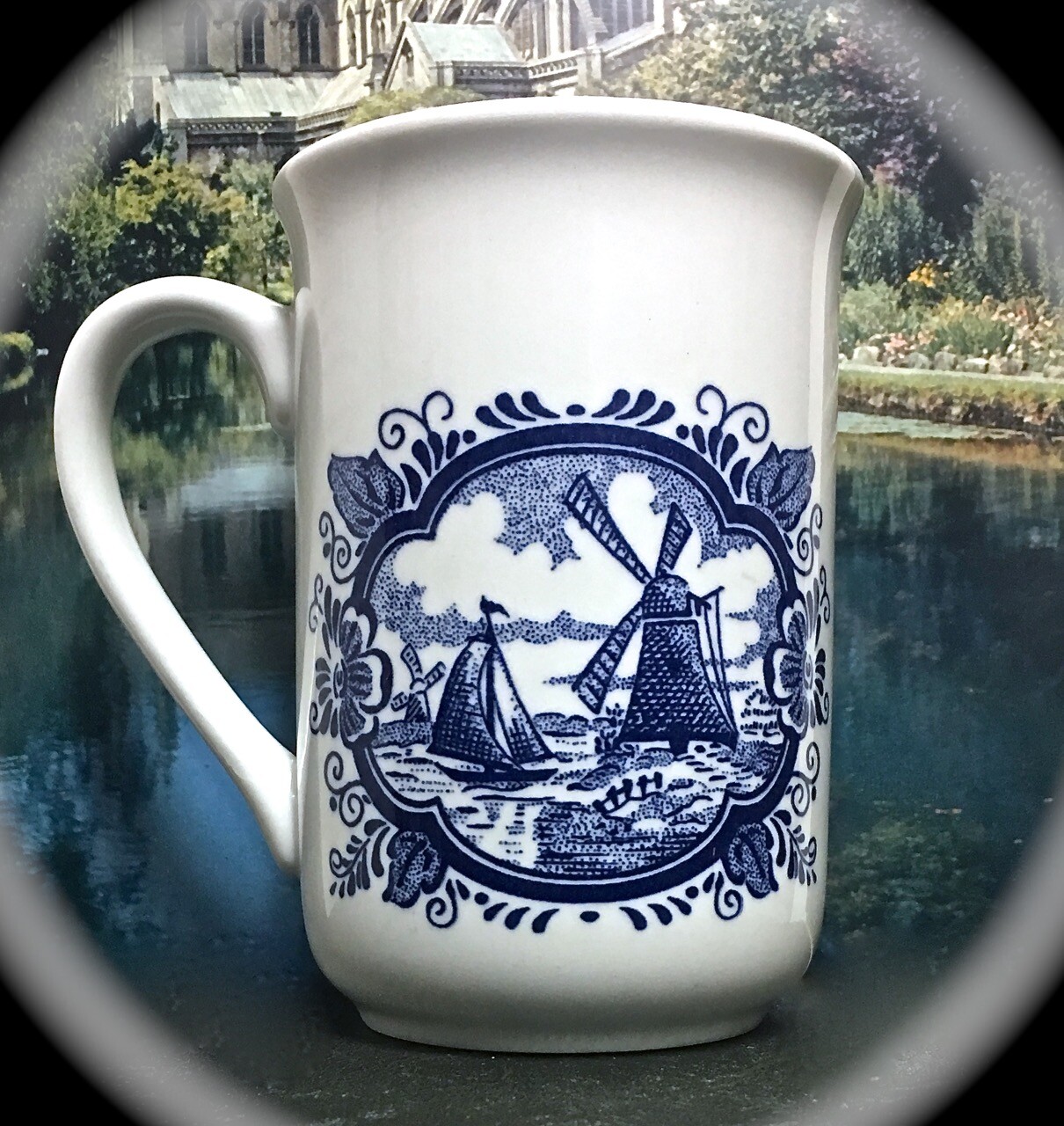 SCARCE MARKED 'CHURCHILL ENGLAND' BLUE PORCELAIN TEA CUP ~ WINDMILLS & SAILBOAT