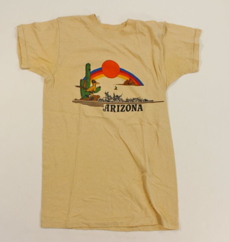 VTG 80s Arizona Roadrunner Rainbow Cactus Single Stitch Thin Shirt Beige Small