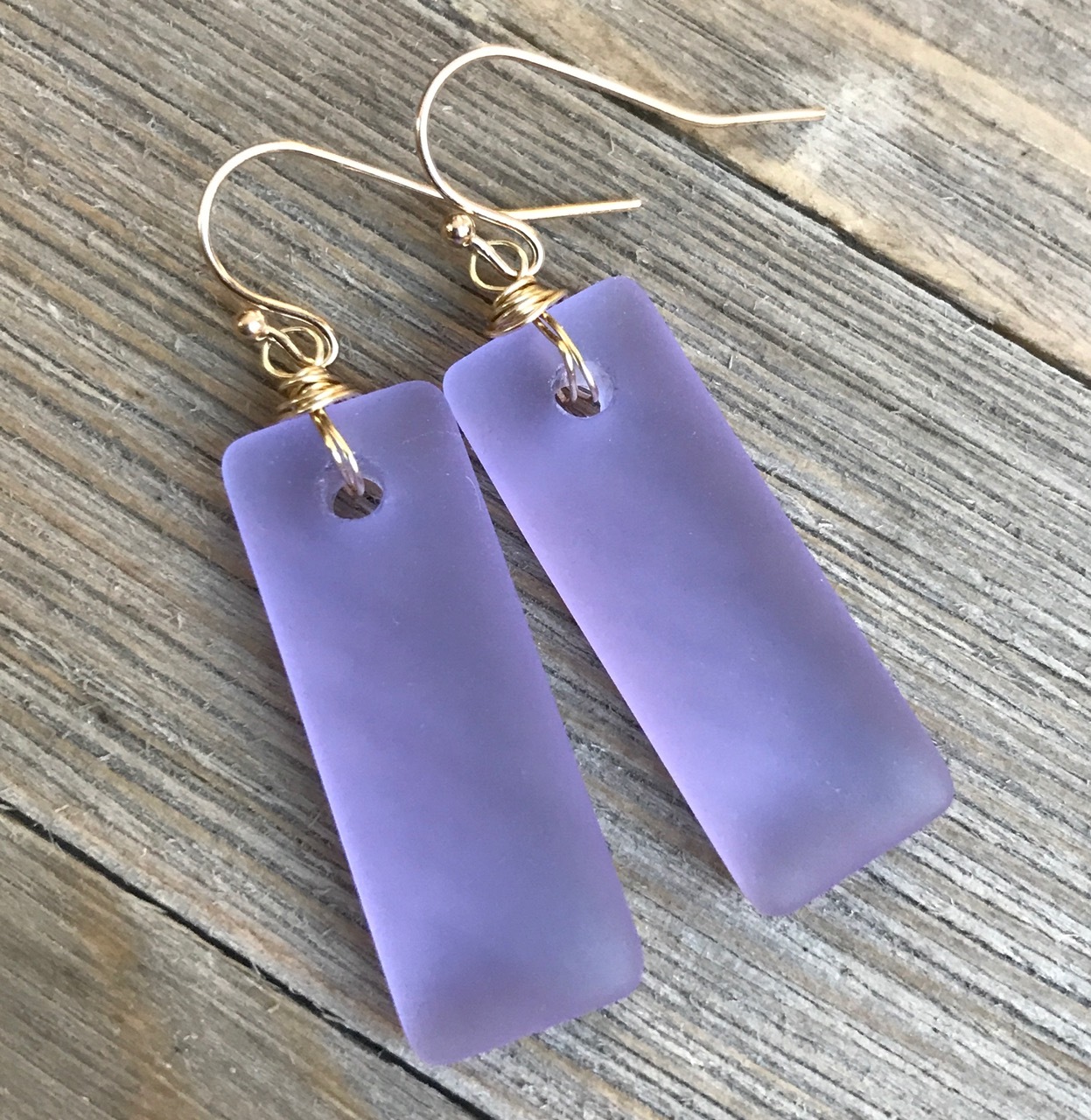 Min Favorit Lavender Sea Glass Rectangle Drop & Gold Pl Artisan Earrings