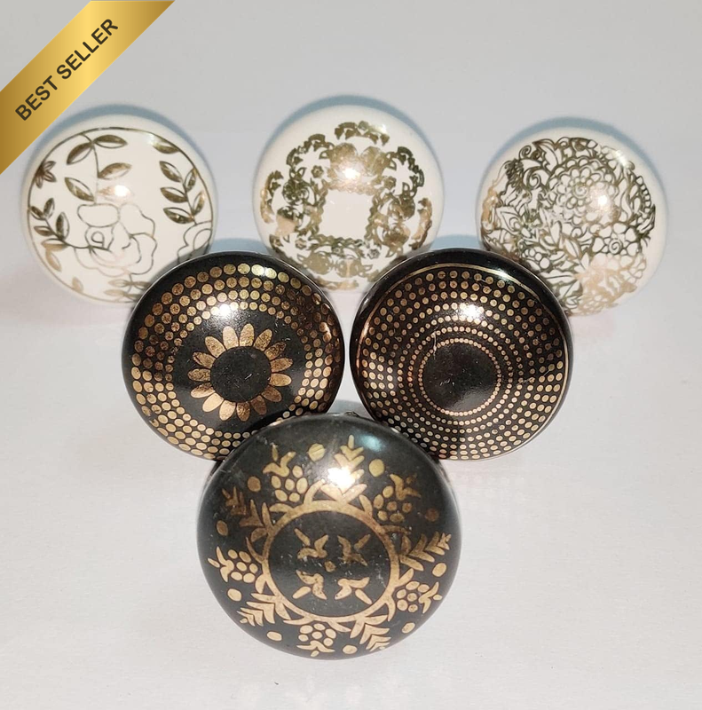 Set of 6 (3+3) White Black Ceramic Knobs with Golden Leafing Work – Decorative C
