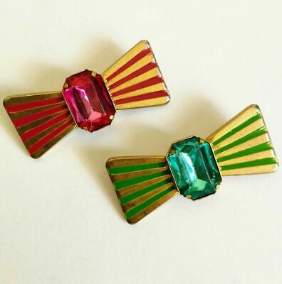 Brooches Vintage costume jewelery 80s golden metal bow tie candy striped bow
