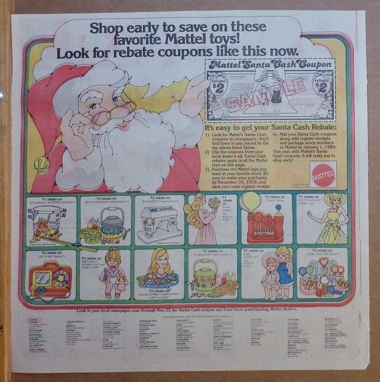 1979 Sunday newspaper ad for Mattel rebates - Barbie, Hot Wheels, Dolls plus