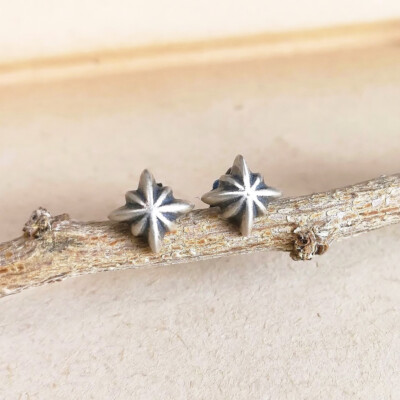 Oxidized 925 Sterling Silver Tiny Cross Star Small Stud Earrings Gothic Unique