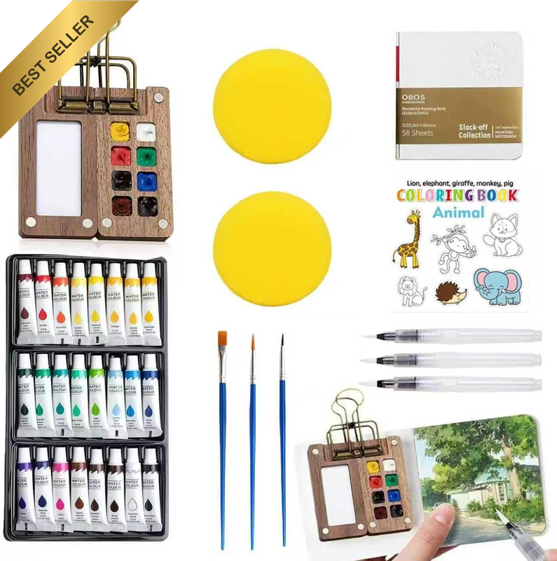 Mini Watercolor Paint Set, All-In-One Walnut Wood 8 Grids with 24 Colors, Binder
