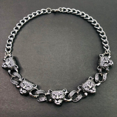 DJ Goth Punk Chunky Leopard Cheetah Tiger Head Chain Necklace 18  Curb Silver