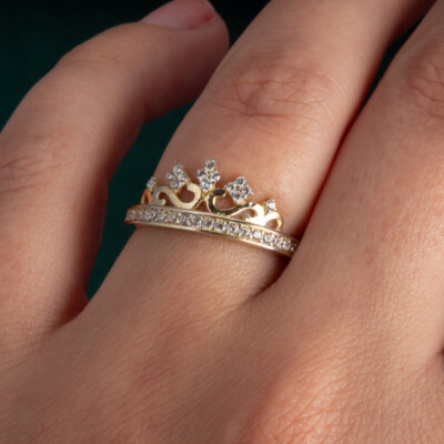 Pre-owned Fdj 14k Yellow Gold Cz Crown Tiara Filigree Band Ring