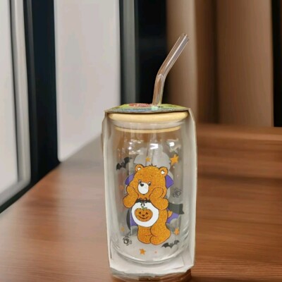 Care Bears Halloween Dracula Mason Jar Glass Tumbler & Straw w/ Bamboo Lid, NEW!