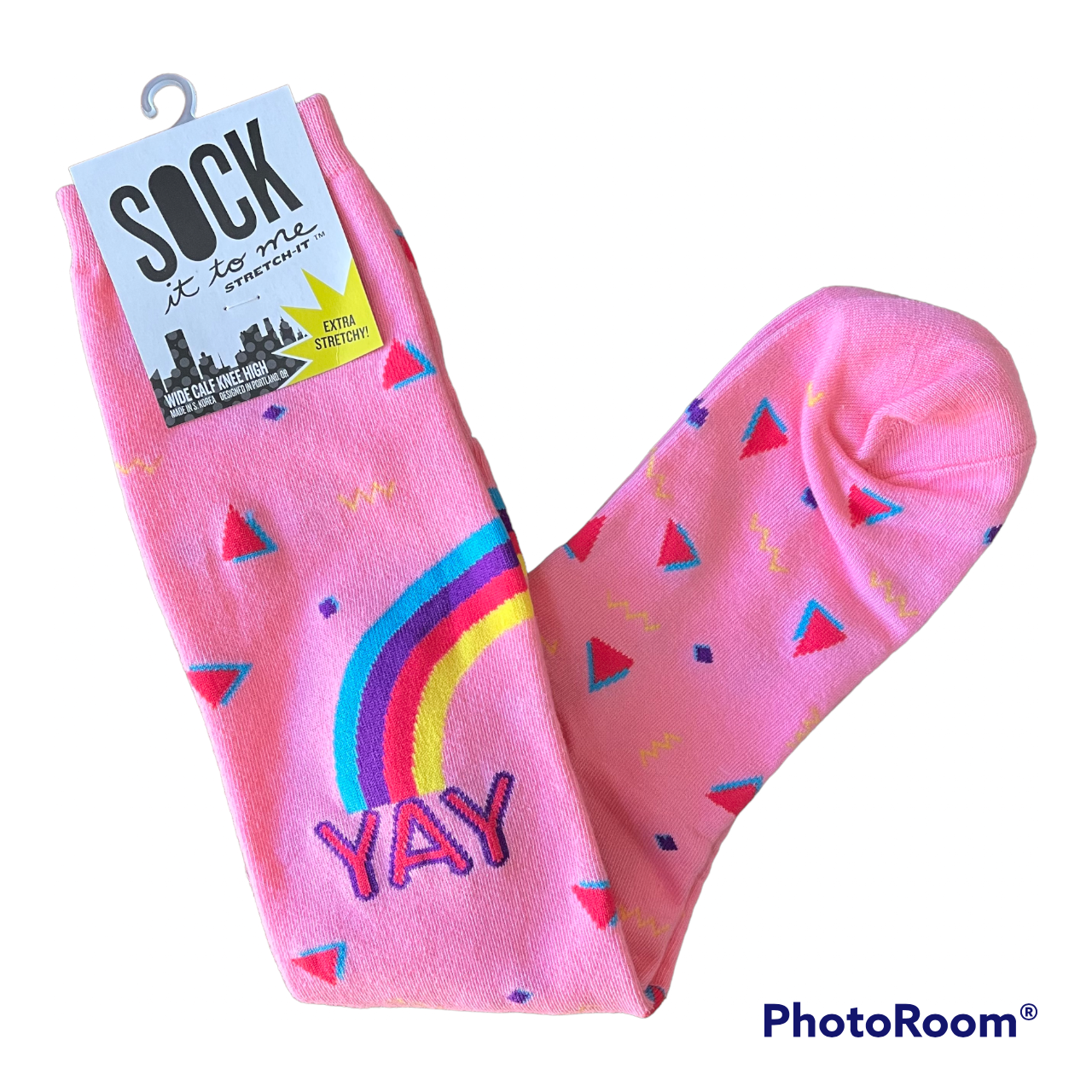Womens Os Pink Rainbow Wide Calf Knee High Cotton Blend