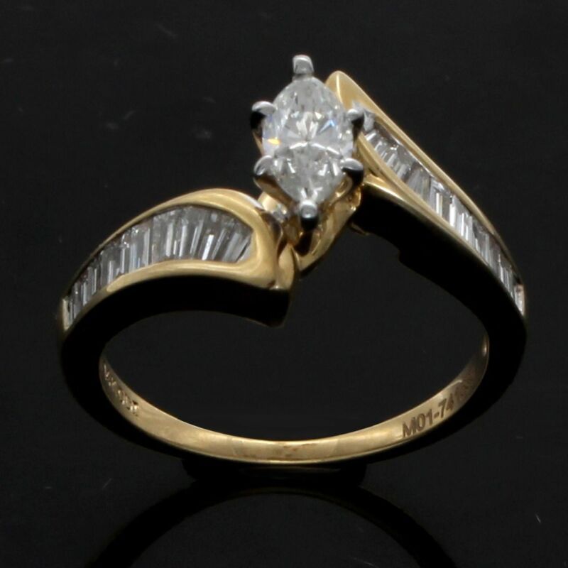 Estate 0.29 Ct Baguette & Marquise Diamond 14k Gold Engagement Ring Certified