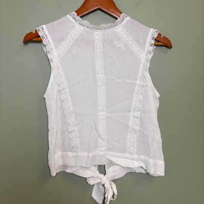 Self Esteem Cottagecore Peasant Top M Sleeveless Lace Neck Back Tie Gauzy Sheer
