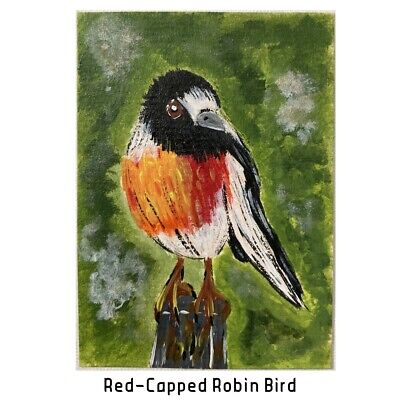 ACEO ORIGINAL PAINTING Mini Art Card Animal Red Capped Robin Bird Ooak
