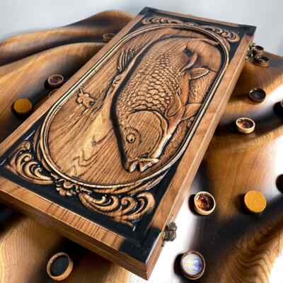 Backgammon Set - Ash Wood Board with Carp Fish Design for Fishing Lovers