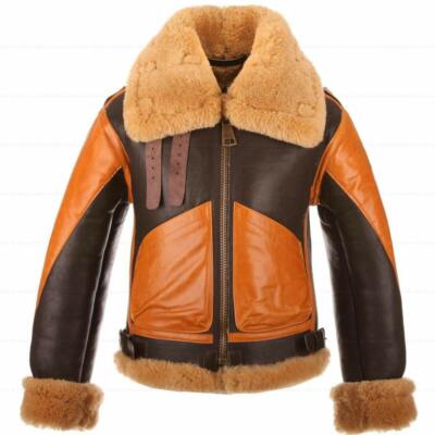 Mens RAF B3 Avaitor Brown Sheepskin Bomber Real Shearling TwoTone Leather Jacket