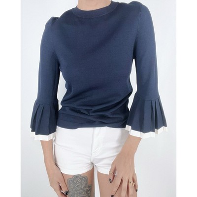 NWT Ann Taylor Factory Navy Pleated Quarter Sleeve Blouse Size XS