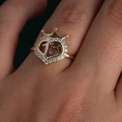 Pre-owned Fdj 14k Gold Two-tone 15 Anos Quinceanera Heart Cz Crown Ring