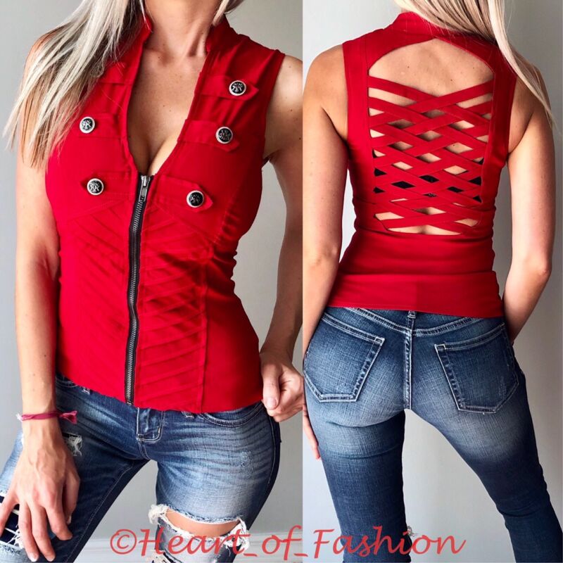 Sexy Cleavage Zip Front Button Embellish Caged Strappy Back Fitted Vest Club Top