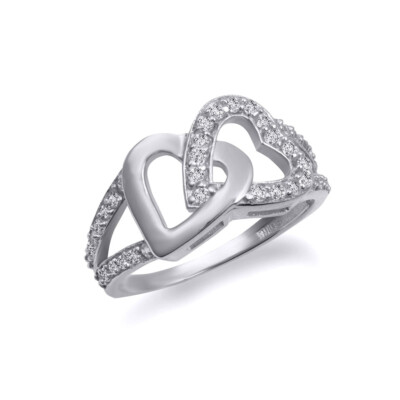 Pre-owned Fdj Gold Double Heart Cz Open Band Love Ring In Yellow Gold