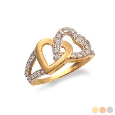 Pre-owned Fdj Gold Double Heart Cz Open Band Love Ring In Yellow Gold