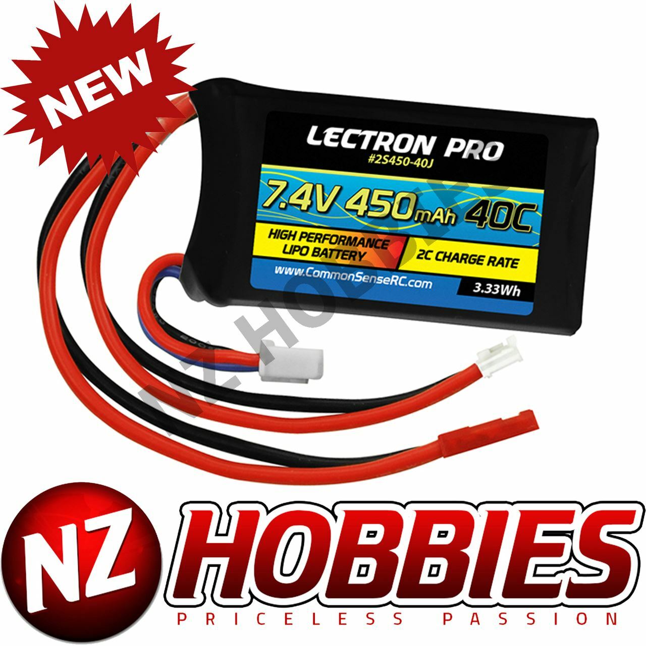 Lectron Pro 7.4V 450mAh 40C Lipo Battery w/ JST Connector # 2S450-40J : SCX24