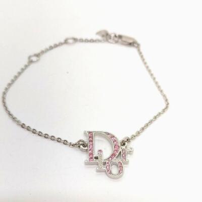 Christian Dior's Logo Rhinestone Chain Bracelet Silver Tone Pink W