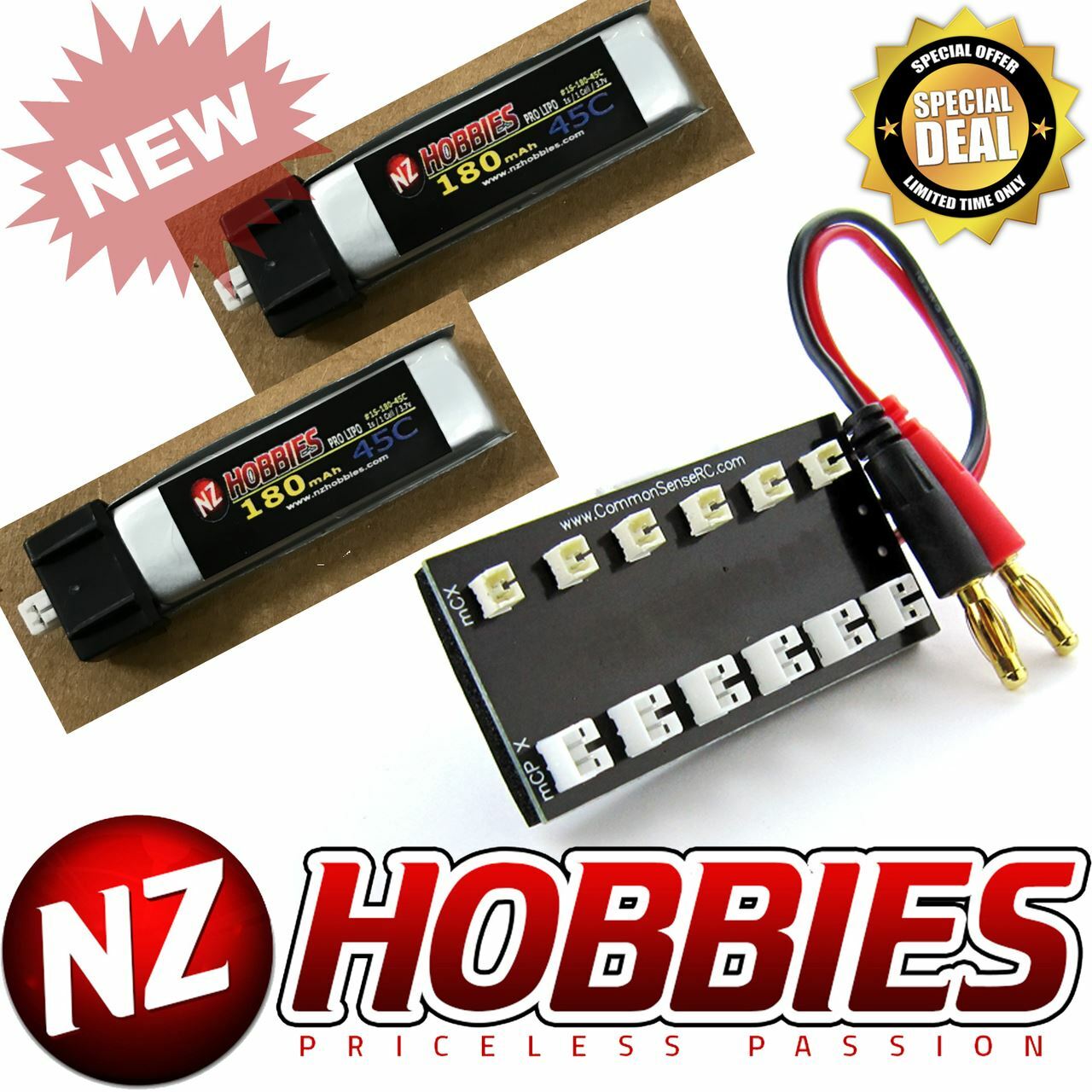 Combo NZ HOBBIES 1S 3.7V 180mAh 45C (2pcs) Lipo Battery w/Parallel Charging Boar