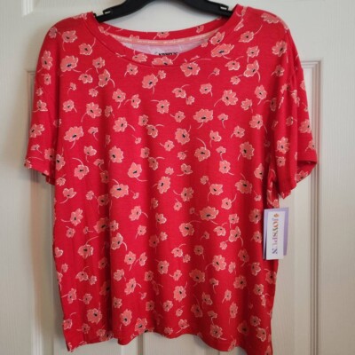 Joyspun Red Floral Print T-Shirt Women's L Viscose Spandex
