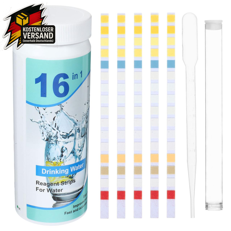 Wasserteststreifen 16-in-1 für Trinkwasser Härte pH Chlor Wasserqualität Set
