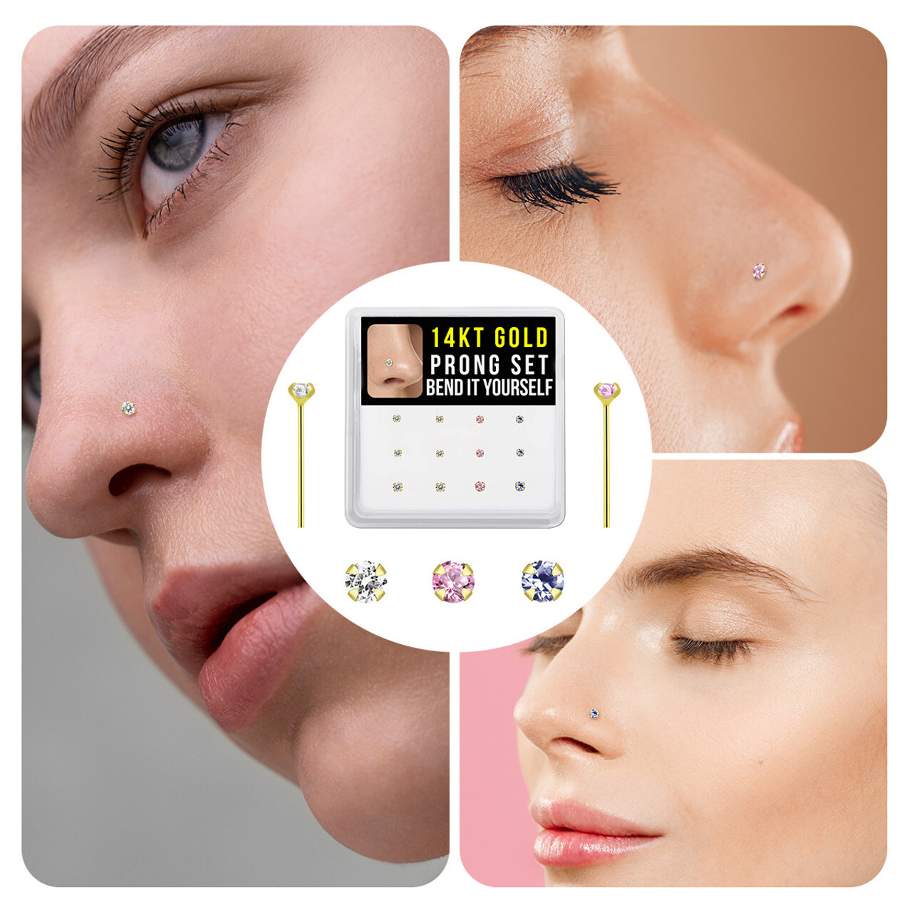 14K Gold 22G 11mm Prong Set Top Precious CZ Gems Fishtail Nose Stud Ring