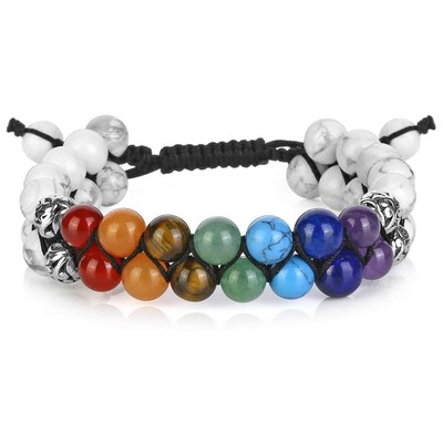 Natural 7 Chakra Stone White Howlite Bracelet Double Layer 8mm Healing Crysta...