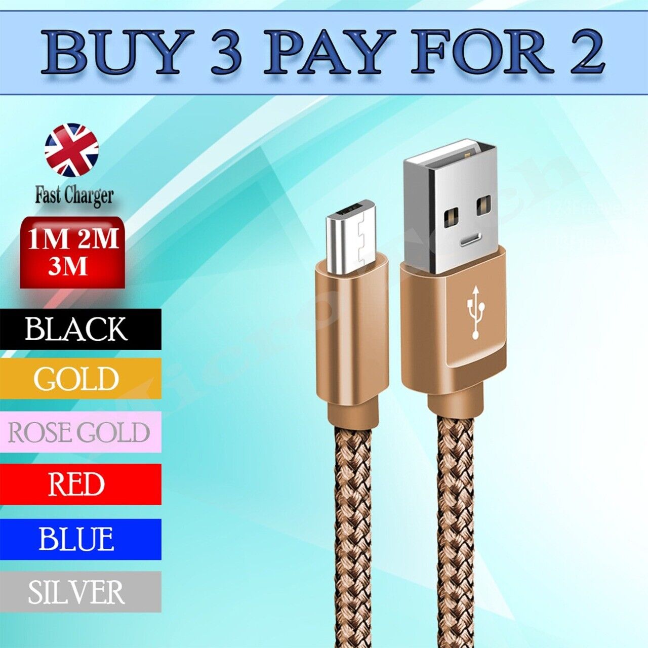 Strong Braided Micro USB Cable Fast Charging Lead For Phone Tablet 1m 2m 3m