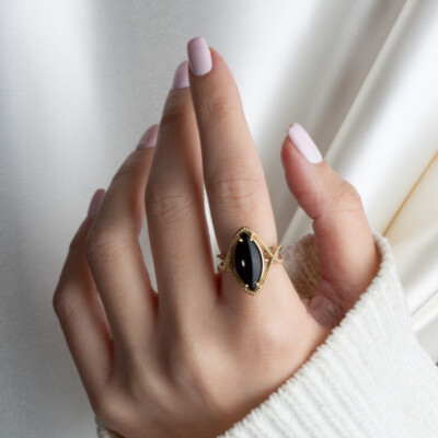 Pre-owned Fdj Gold Beaded Black Onyx Marquise Cut Gemstone Infinity Ring In Yellow Gold