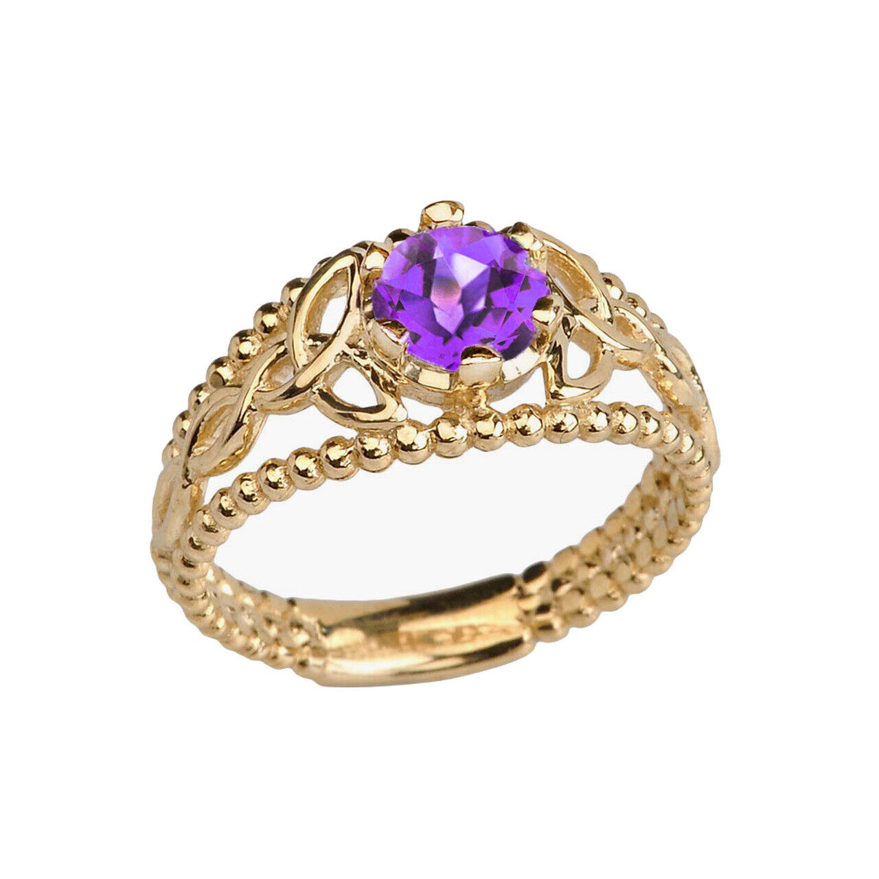 Pre-owned Claddafgh Gold Gold Genuine Amethyst Beaded Celtic Trinity Knot Engagement/promise Ring In Yellow Gold