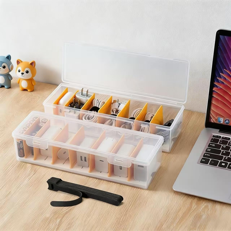 2 Pack Cable Storage Box with 16 Cable Ties, Adjustable Compartments, Clear Plas